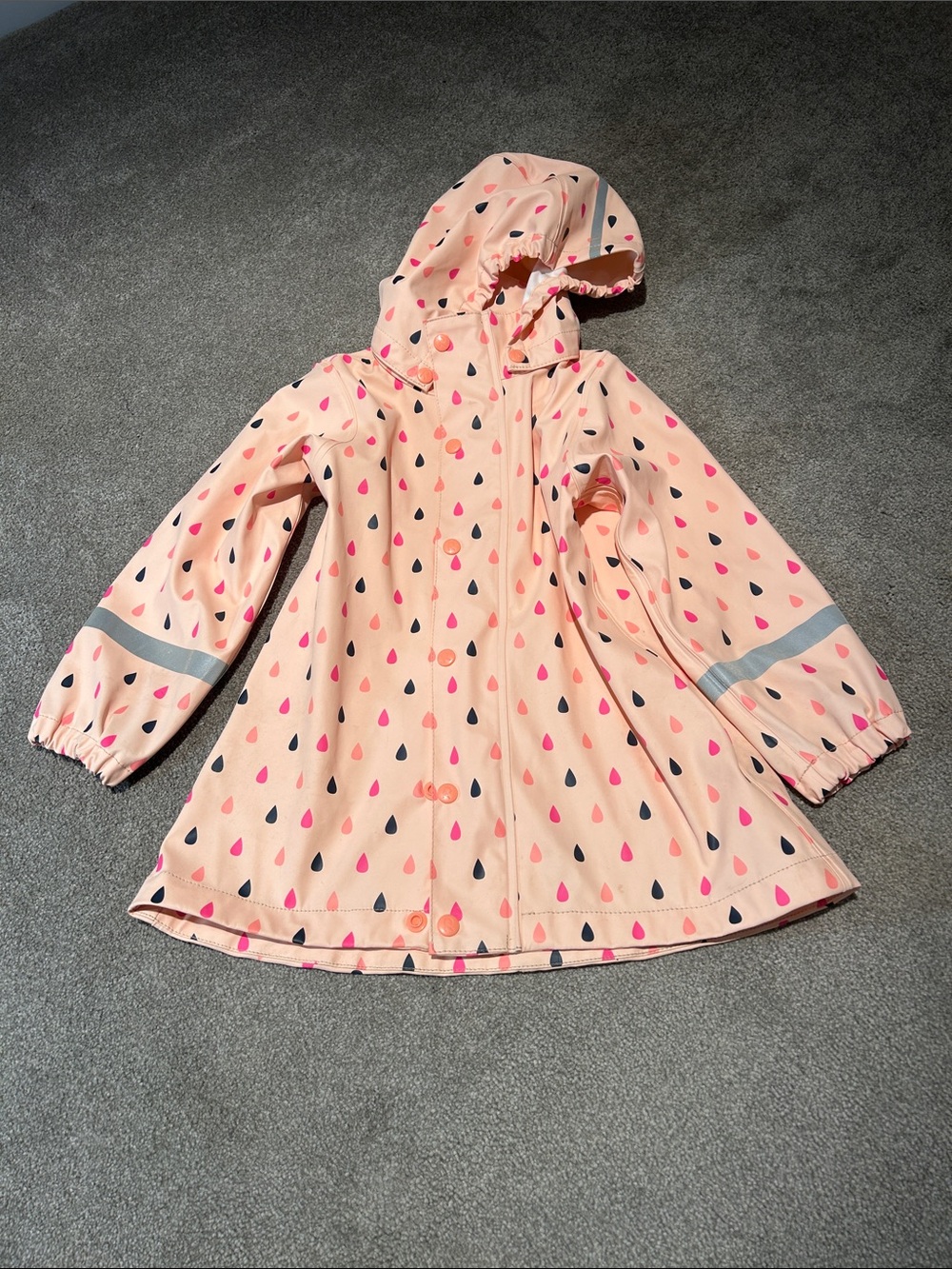 Girls' Pink Raindrop Hooded Raincoat with Reflective Trim